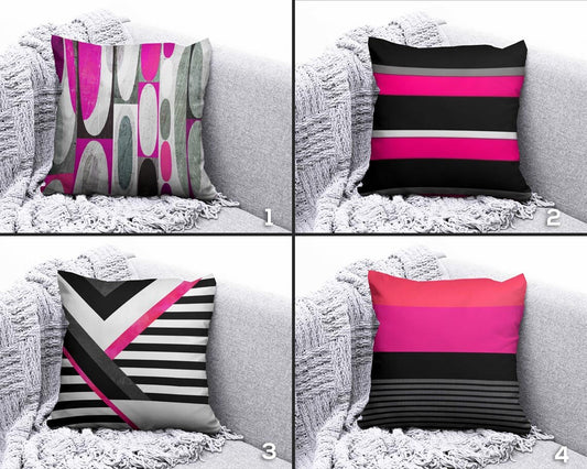 Pink Black and Gray Striped Abstract Modern Cushion Cover