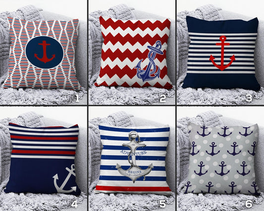 Nautical Anchor Navy Blue & Red Coastal Decor Cushion Cover