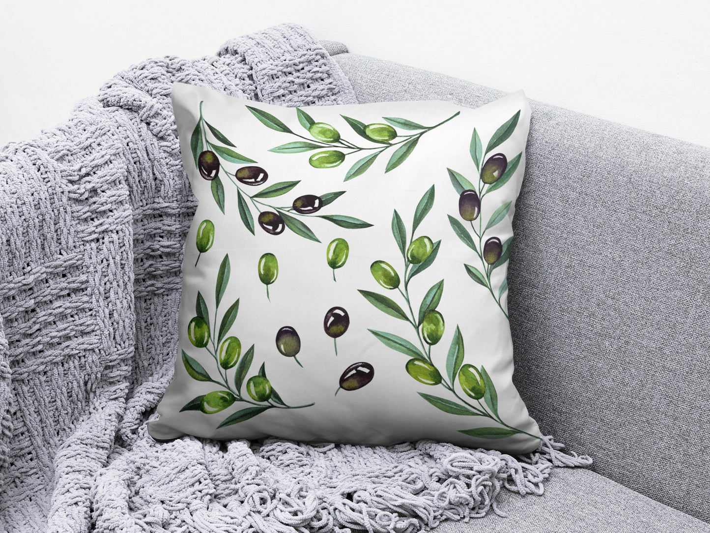 Olive Branch and Olive Tree Green Blue White Cushion Cover