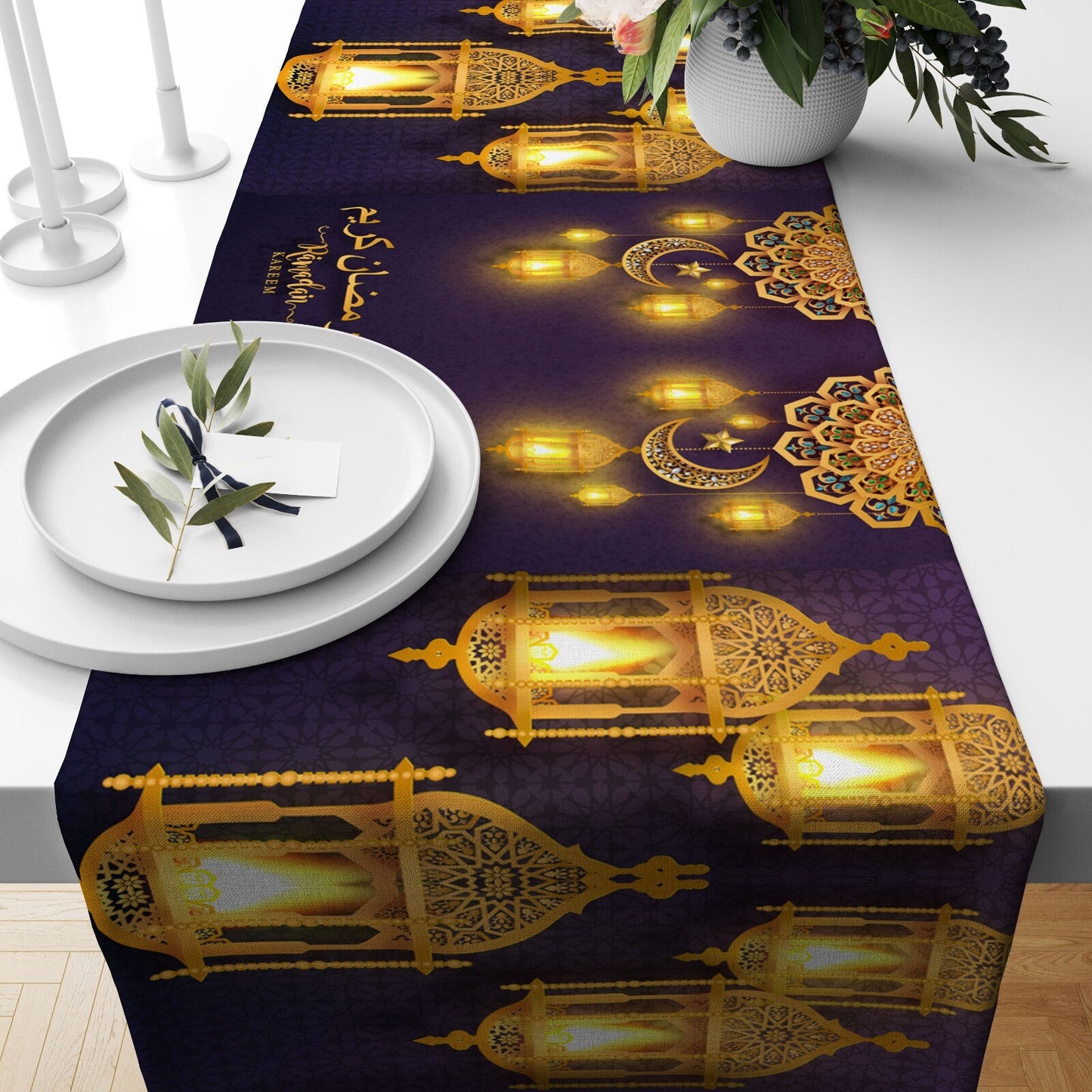 Islamic Table Runner Ramadan Concept Tablecloth Dark Color