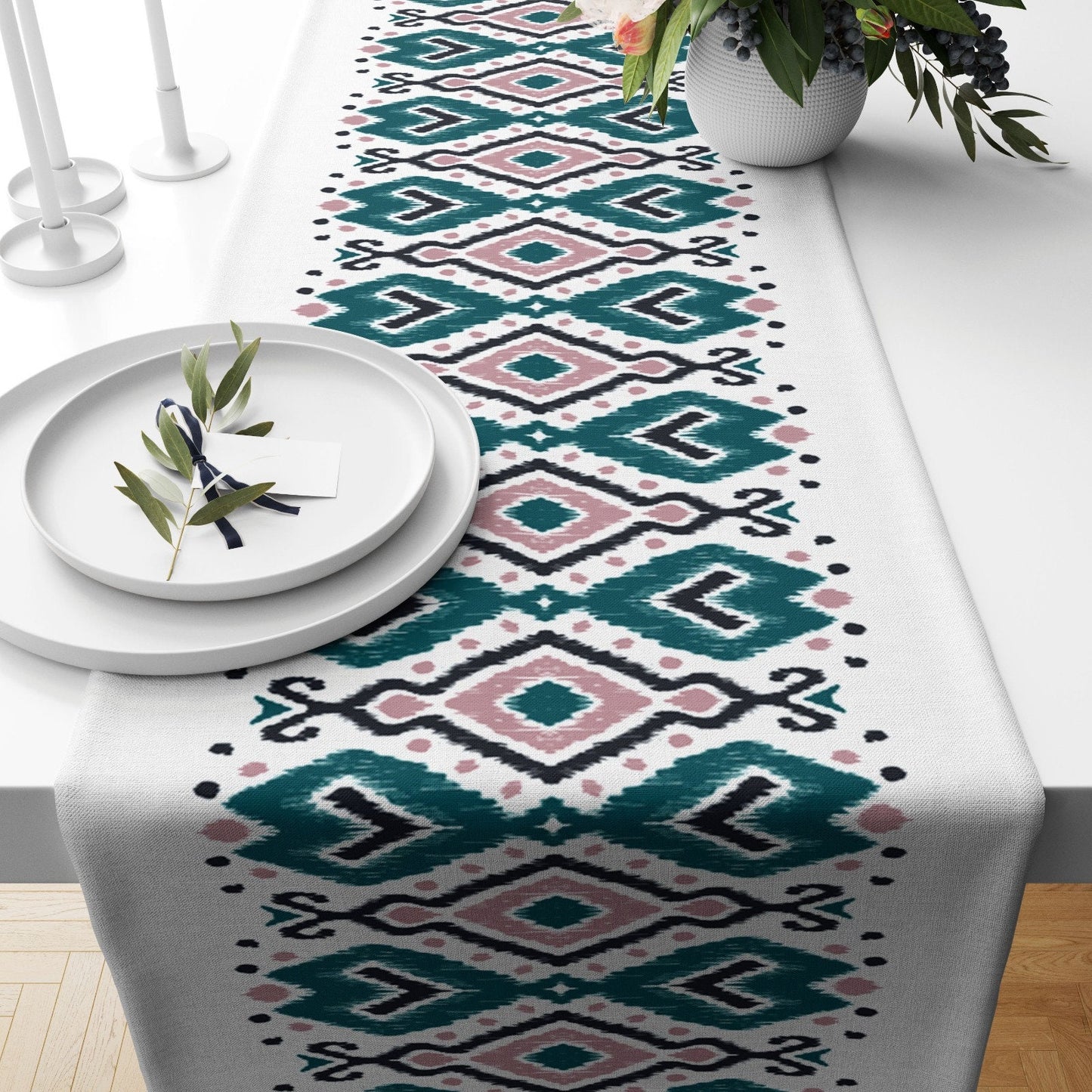 Ikat Geometric Black & White Home Decor Table Runner