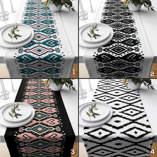 Ikat Geometric Black & White Home Decor Table Runner