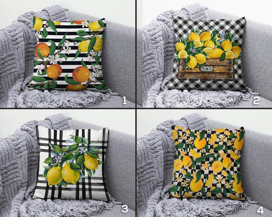 Lemon Orange Citrus Yellow & Black Striped Cushion Cover