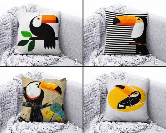 Toucan and Parrot Pattern Print Striped Cushion Covers