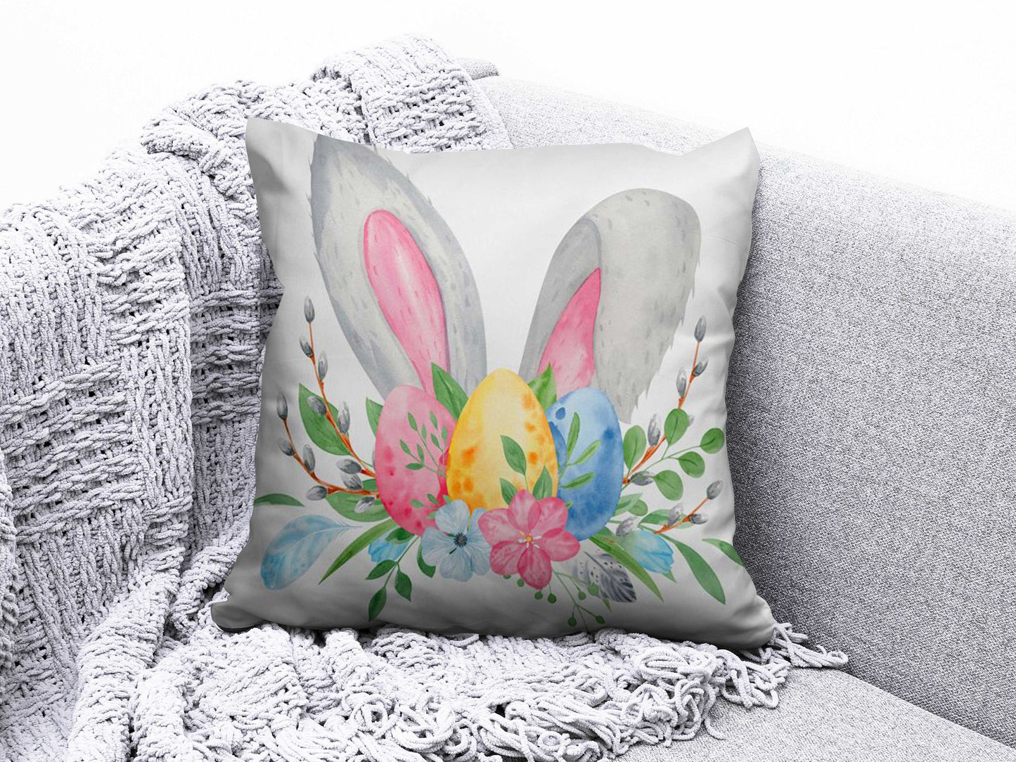 Happy Easter Spring Bunny Painted Eggs Cushion Cover