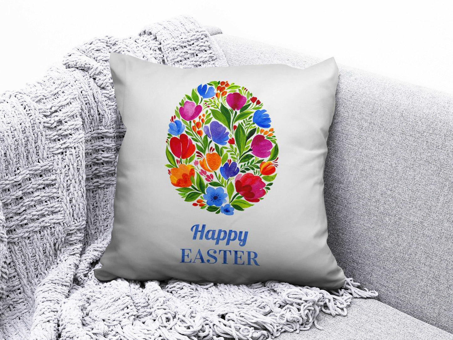 Happy Easter Spring Bunny Painted Eggs Cushion Cover