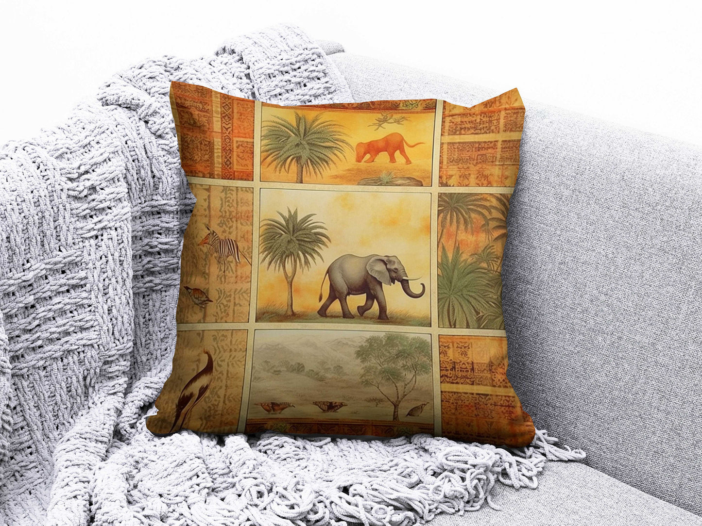 Safari Giraffe Family and Elephant Decor Cushion Cover