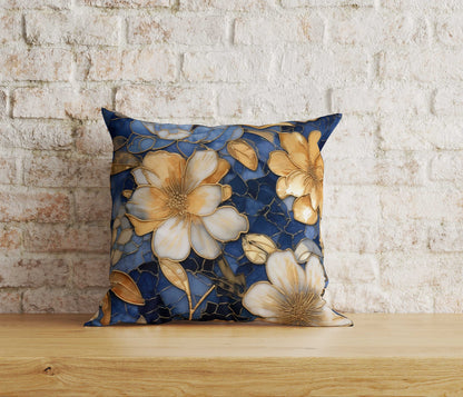 Floral Blue & Gold Leaves Cushion Cover Leaves Pillow Cover