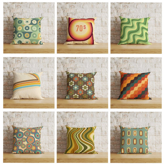 Orange and Green Retro Floral Striped Throw Cushion Covers