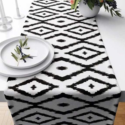 Ikat Geometric Black & White Home Decor Table Runner