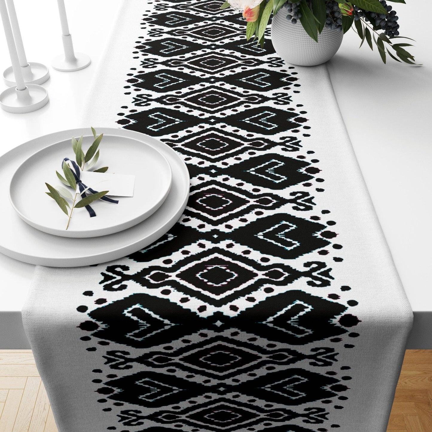 Ikat Geometric Black & White Home Decor Table Runner