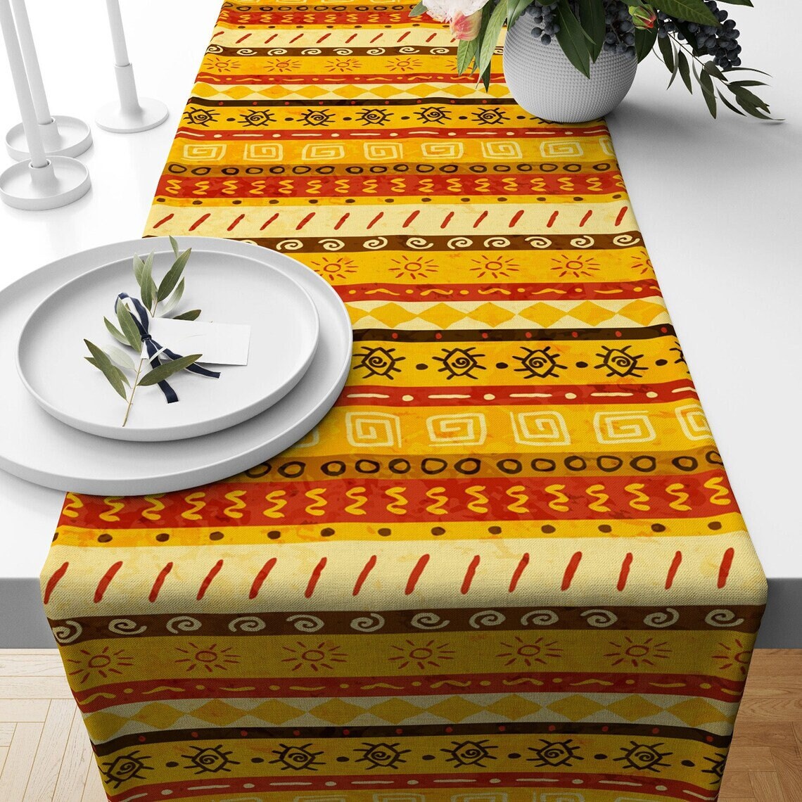 Ethnic Table Runner Yellow Tribal Vivid Aztec Tablecloth