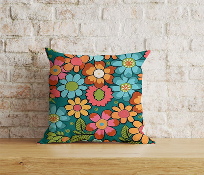 Colorful Retro Floral Square Cushion Cover 18x18, 20x20