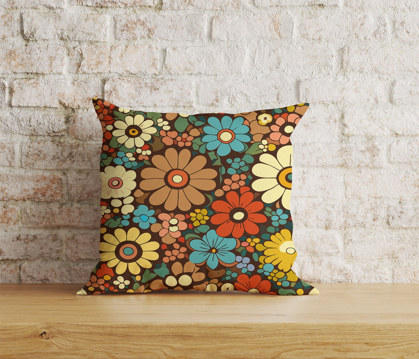 Colorful Retro Floral Square Cushion Cover 18x18, 20x20