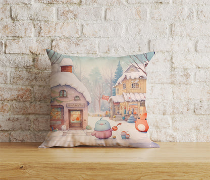 Snow Blue & Pink Cartoon Christmas Decor Cushion Cover