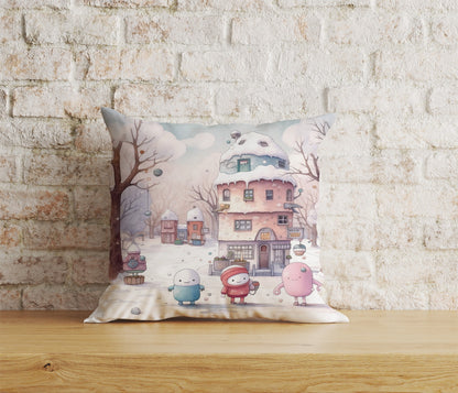 Snow Blue & Pink Cartoon Christmas Decor Cushion Cover