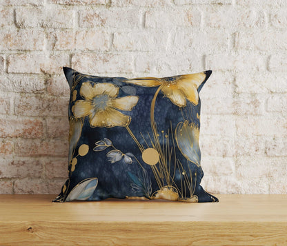 Floral Blue & Gold Leaves Cushion Cover Leaves Pillow Cover