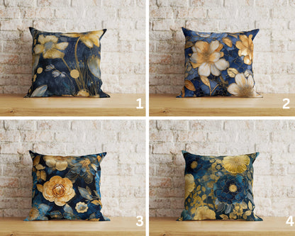 Floral Blue & Gold Leaves Cushion Cover Leaves Pillow Cover