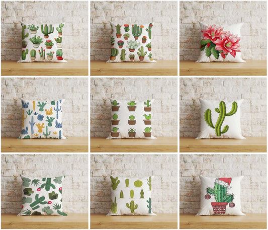 Floral Cactus Cushion Cover Green Botanical Throw Cushion