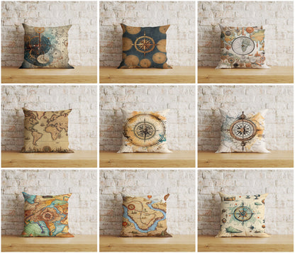 Vintage Maps Compass Ancient World Map Cushion Cover