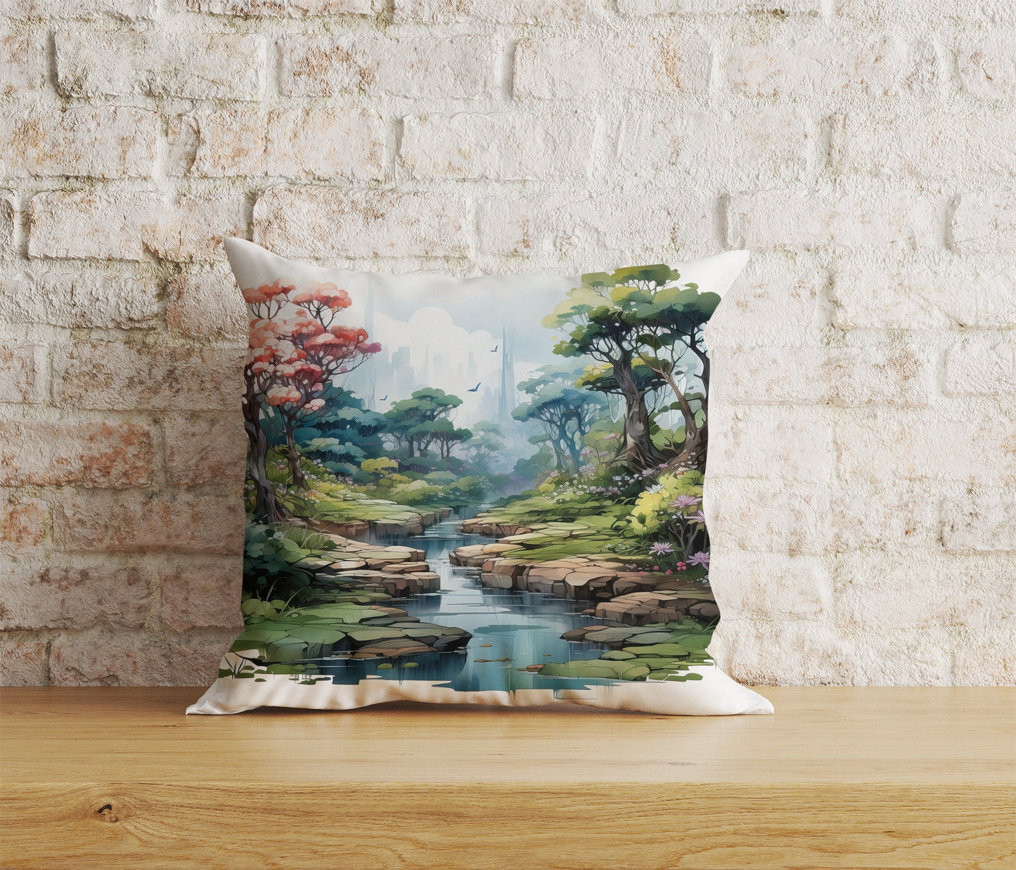 Watercolor Zen Garden Cushion Covers Montain Tree Jungle and Sun Pillow Case