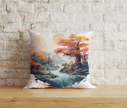 Watercolor Zen Garden Cushion Covers Montain Tree Jungle and Sun Pillow Case