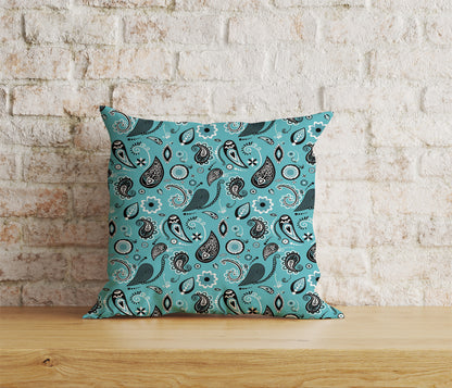 Paisley Print Pillow Cover Blue Turquoise & Pink Vintage