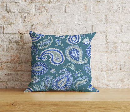 Paisley Print Pillow Cover Blue Turquoise & Pink Vintage