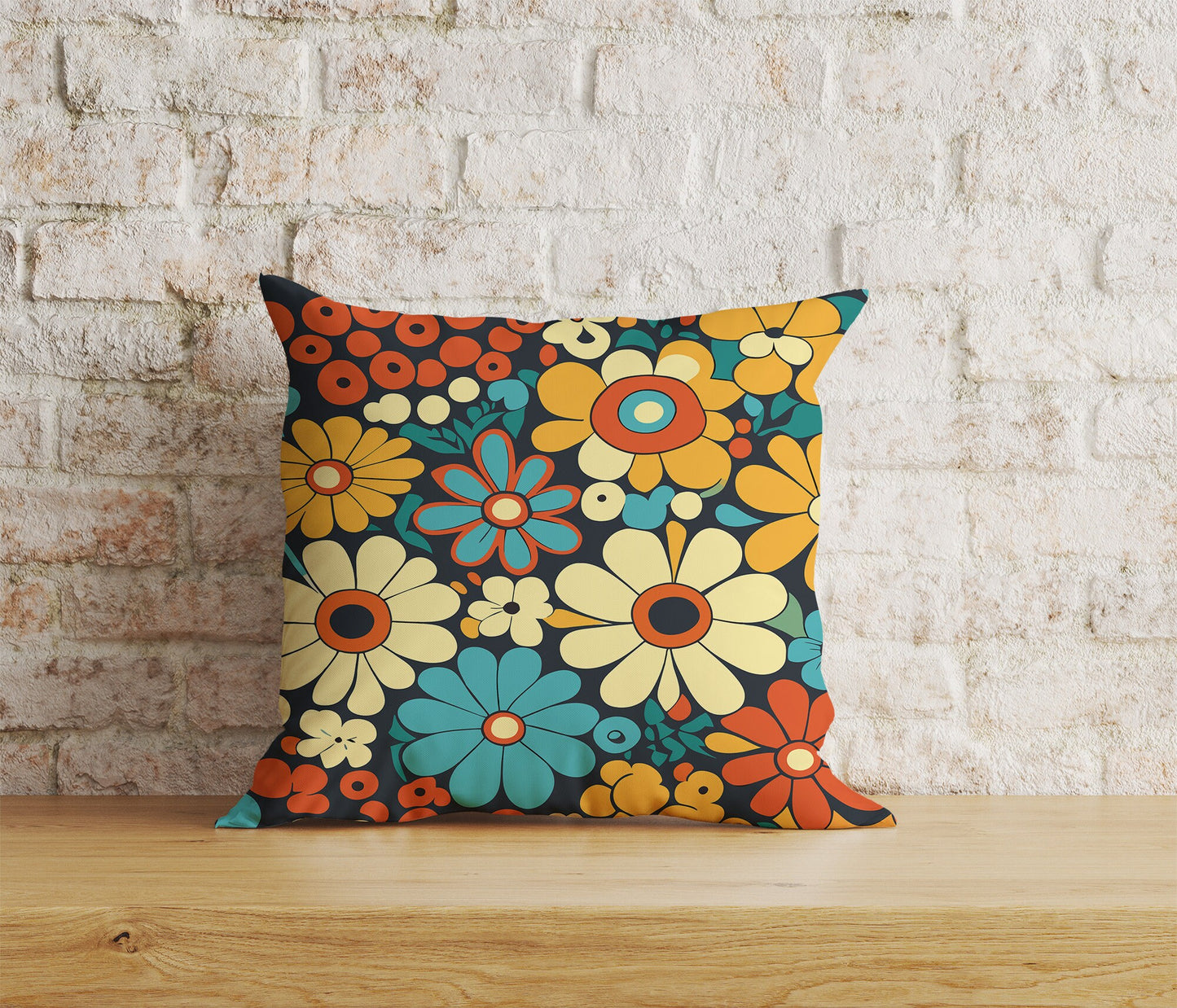 Colorful Retro Floral Square Cushion Cover 18x18, 20x20