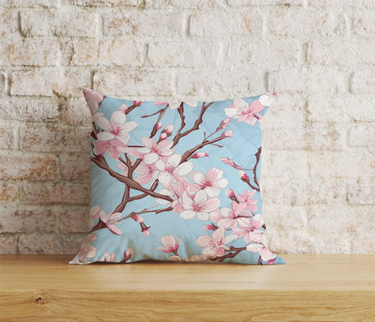 Spring Blossoms Pink Blue Sakura Tree Cushion Cover