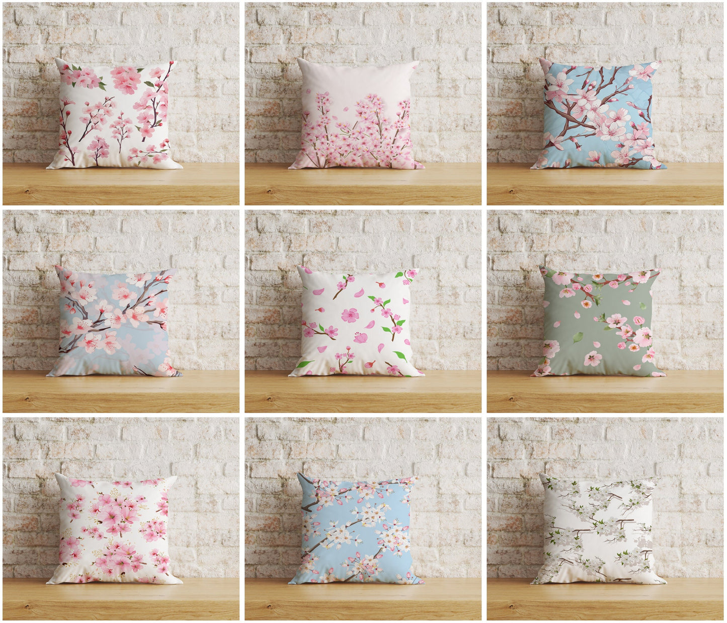 Spring Blossoms Pink Blue Sakura Tree Cushion Cover