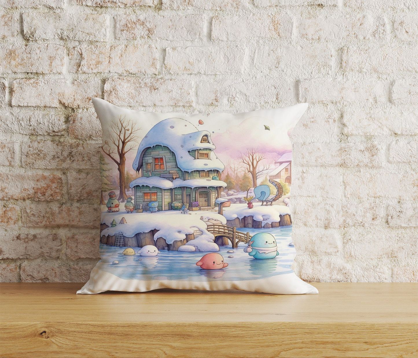 Snow Blue & Pink Cartoon Christmas Decor Cushion Cover