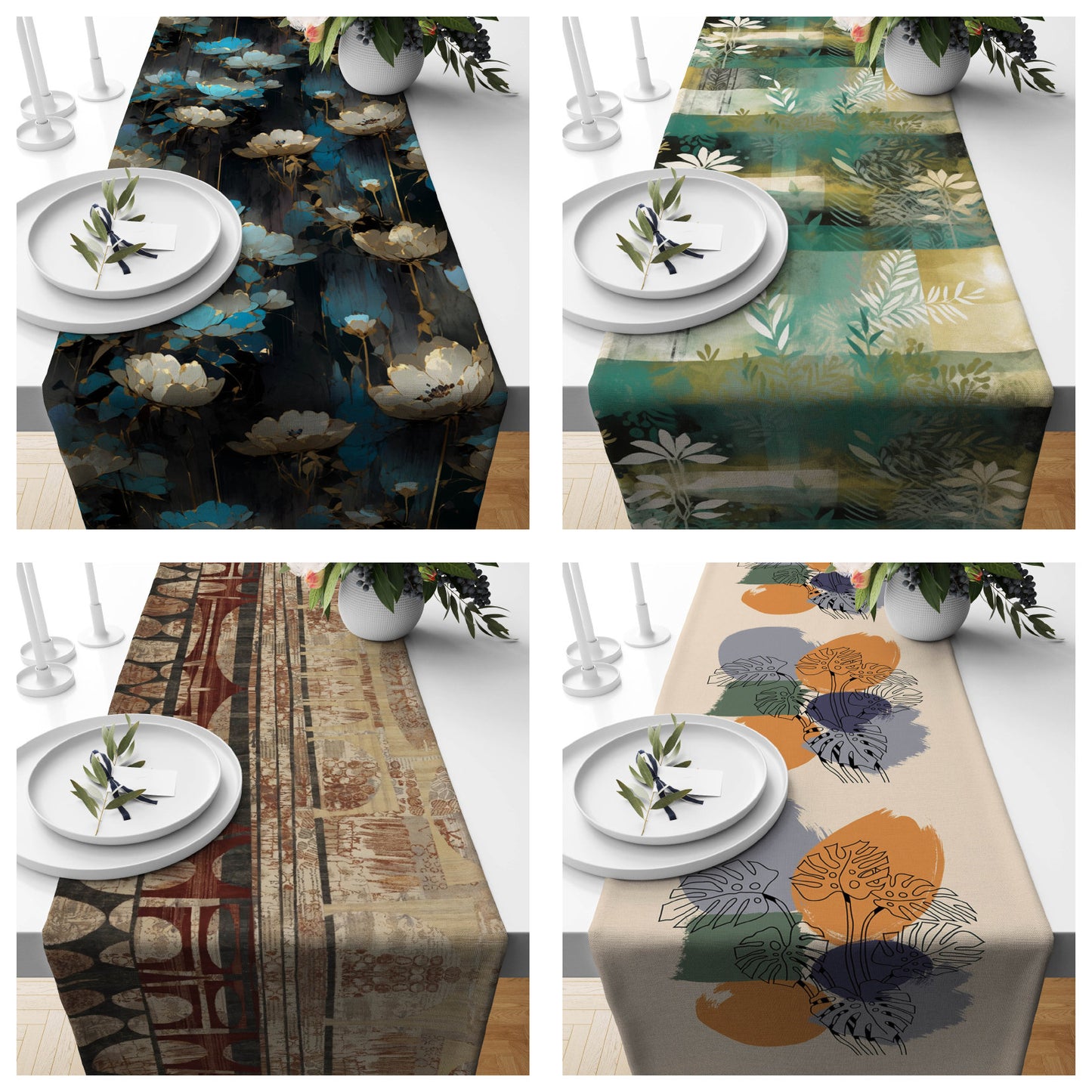 Abstract Boho Flowers Table Runner Bloomy Spring Tablecloths