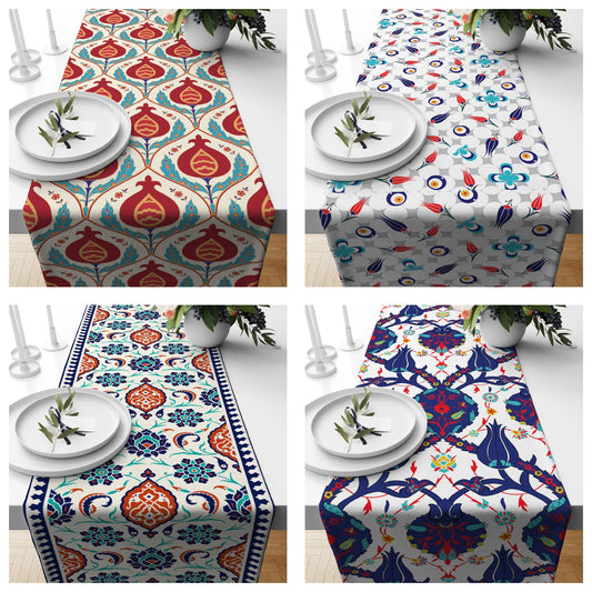 Tulip Motif Turkish Ethnic Tile Patterned Table Runner