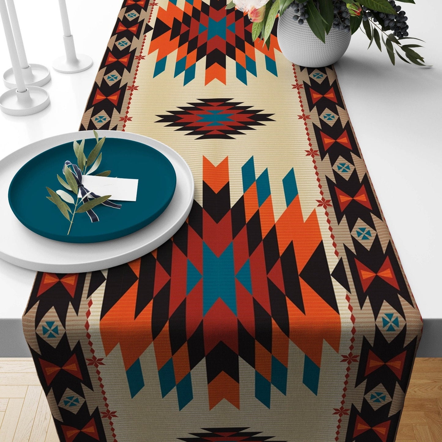 Rug Design Terracotta Geometric Pattern Table Runner