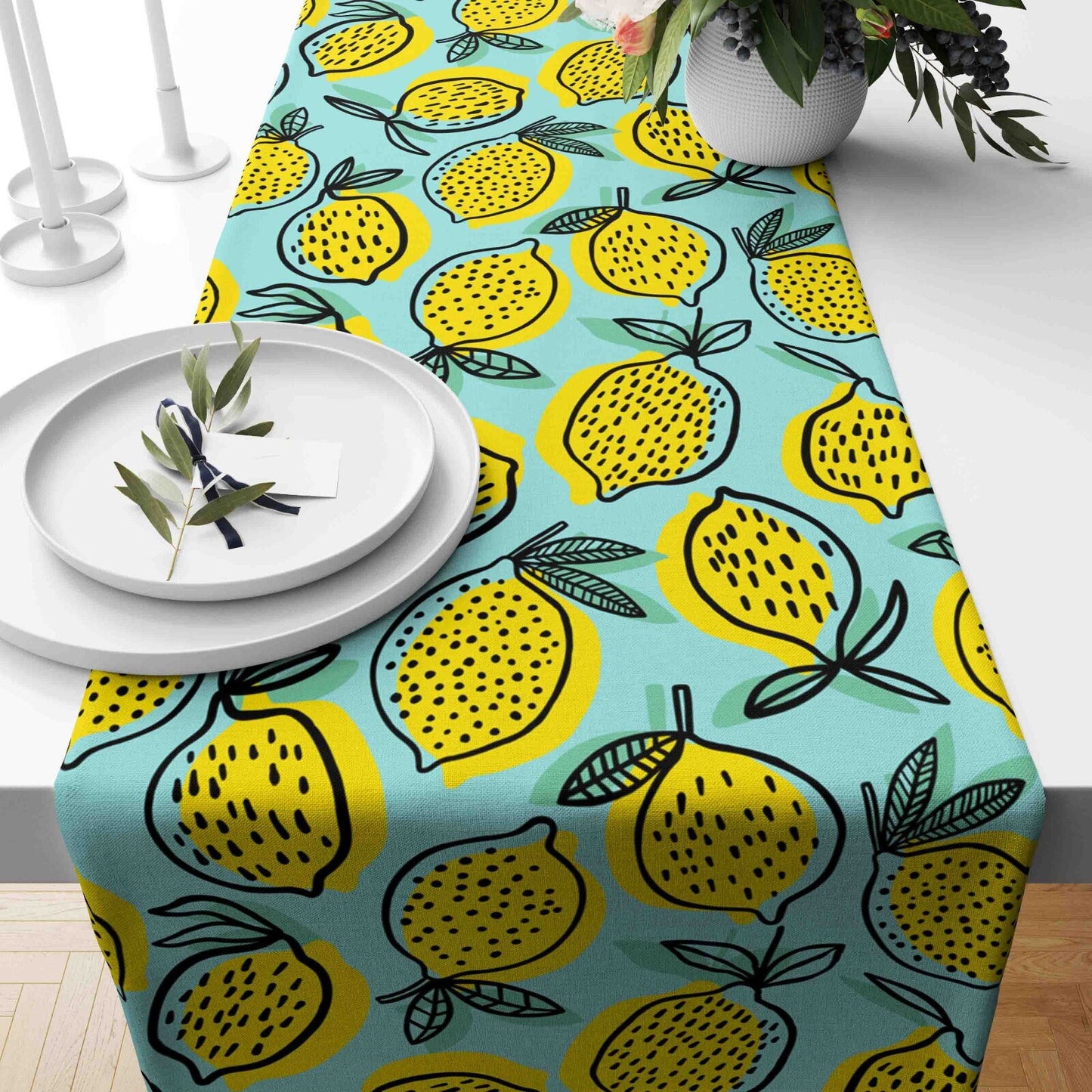 Lemon Pattern Table Runner Yellow Green Blue Kitchen Runner