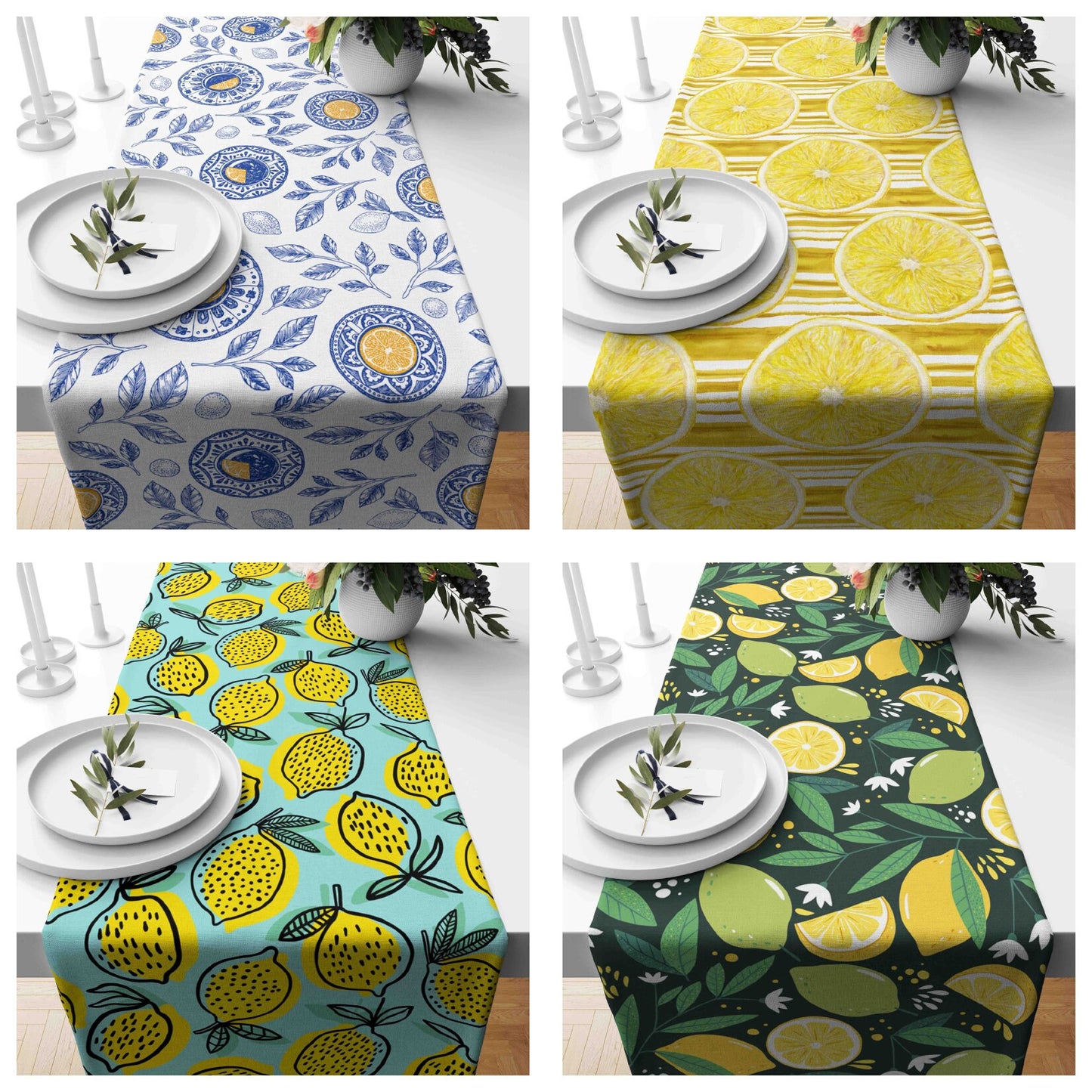 Lemon Pattern Table Runner Yellow Green Blue Kitchen Runner