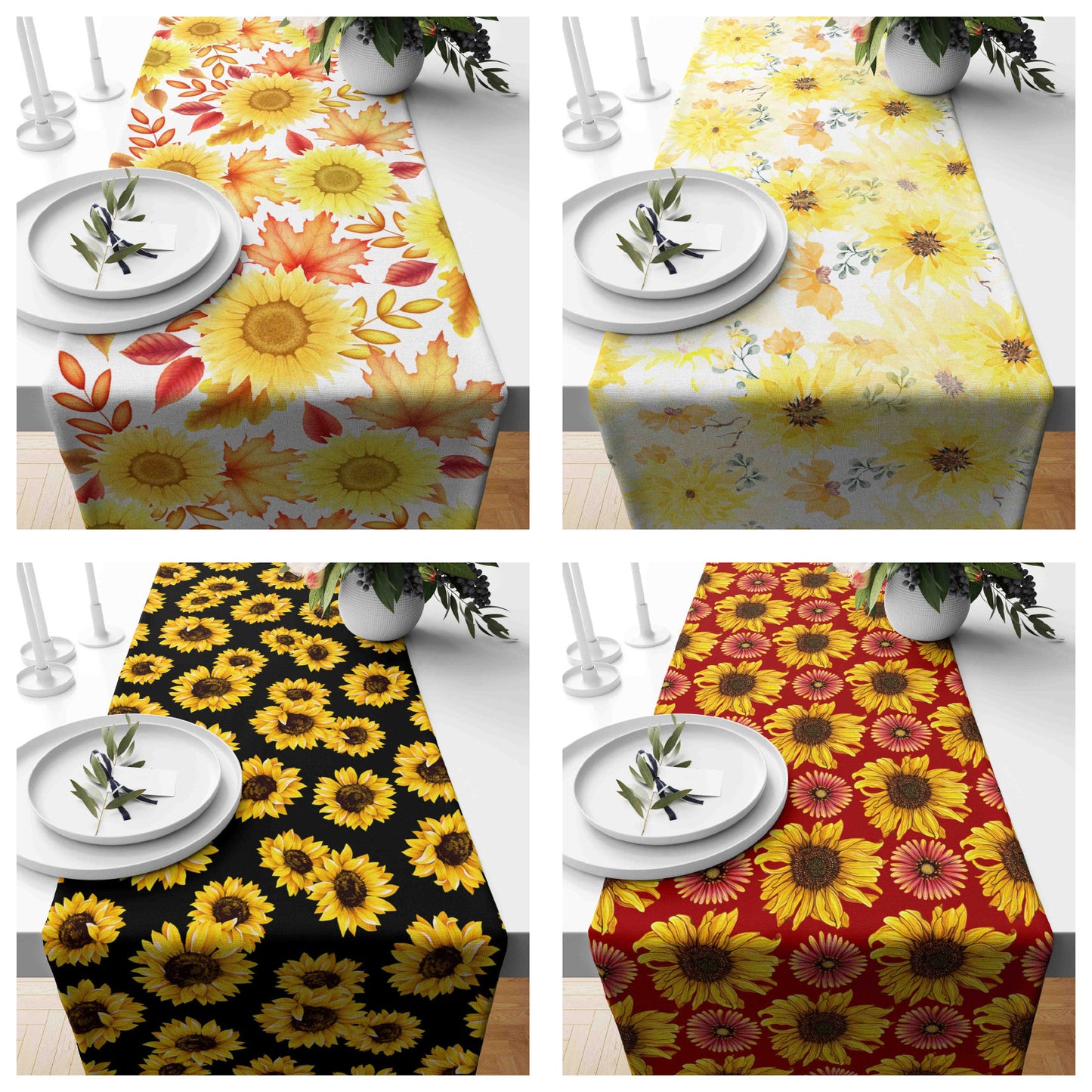 Black Red Background Summer Sunflower Table Runner