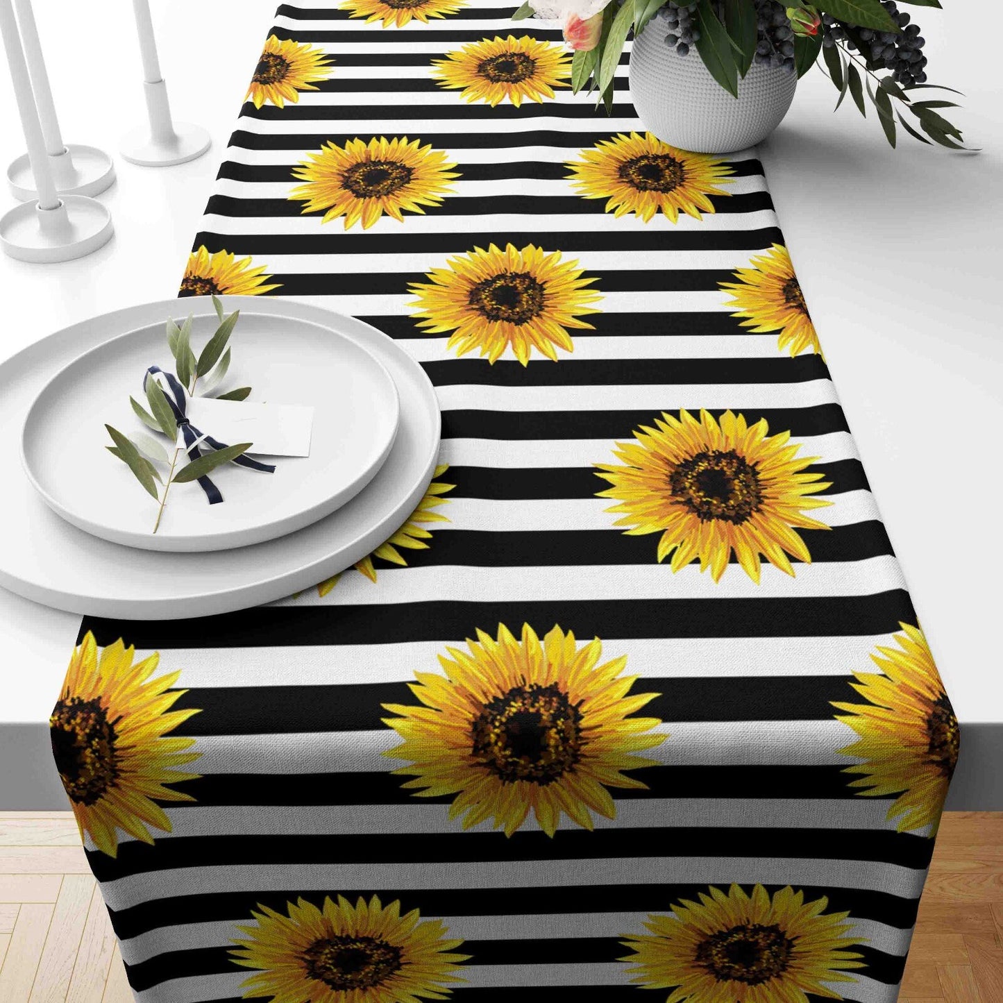 Sunflower Decorative Striped Black White Table Runner