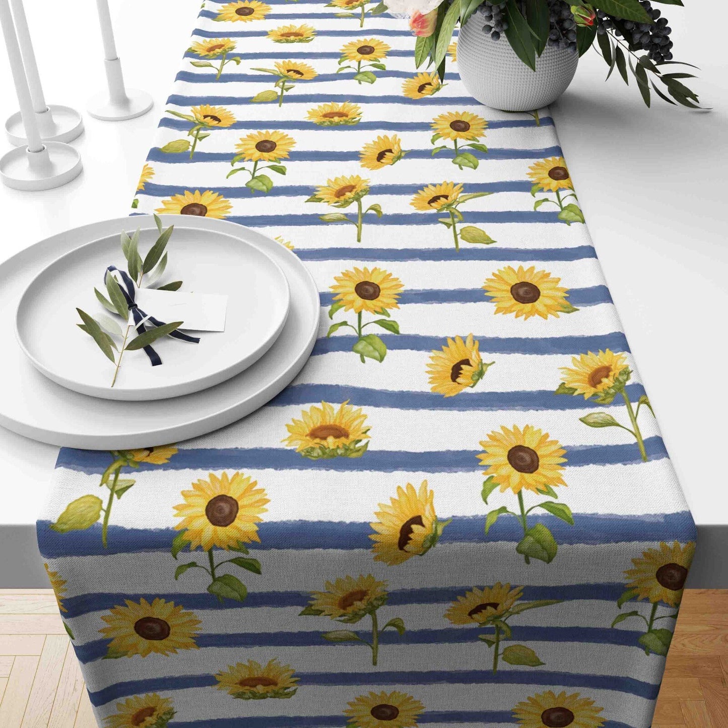 Sunflower Decorative Striped Black White Table Runner