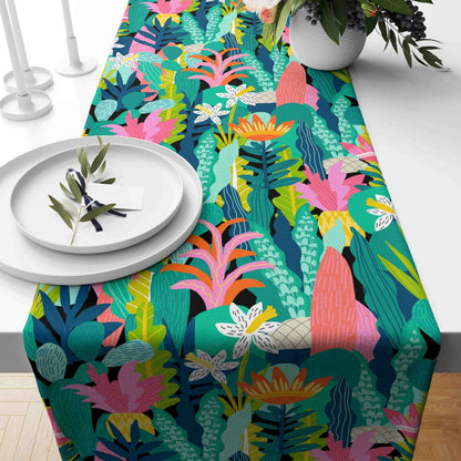 Tropical Palm Leaf Exotic Flowers Green Leaves Table Runner