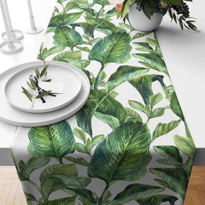 Tropical Palm Leaf Exotic Flowers Green Leaves Table Runner