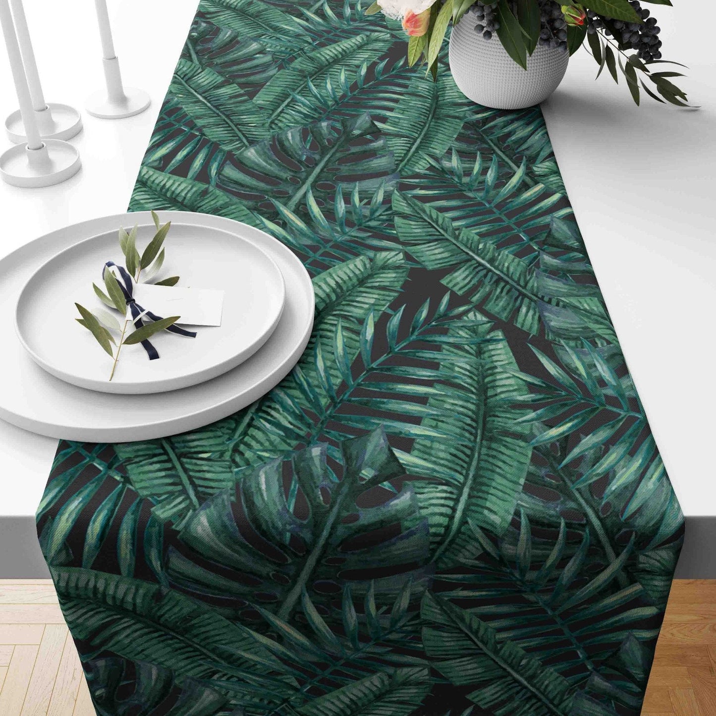 Tropical Palm Leaf Exotic Flowers Green Leaves Table Runner