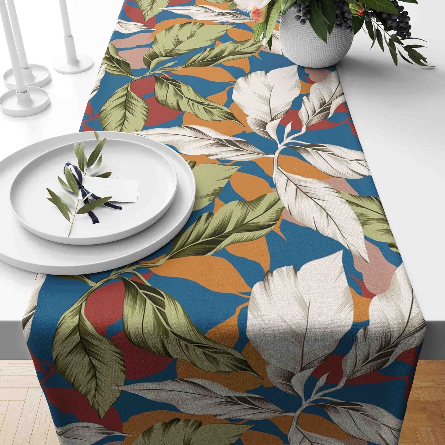 Palm Leaf  Flowers Table Runner Bird of Paradise Table Cloth