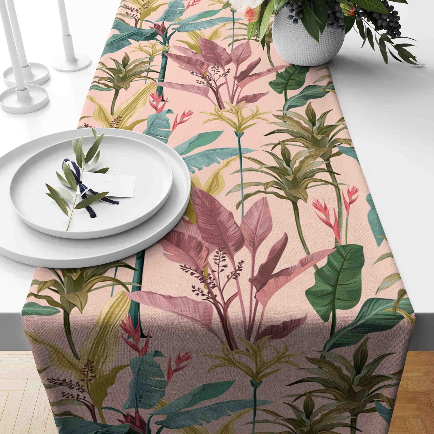 Palm Leaf  Flowers Table Runner Bird of Paradise Table Cloth