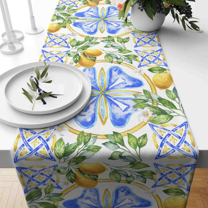 Lemons on Tile Table Runner Blue & Yellow Kitchen Runner