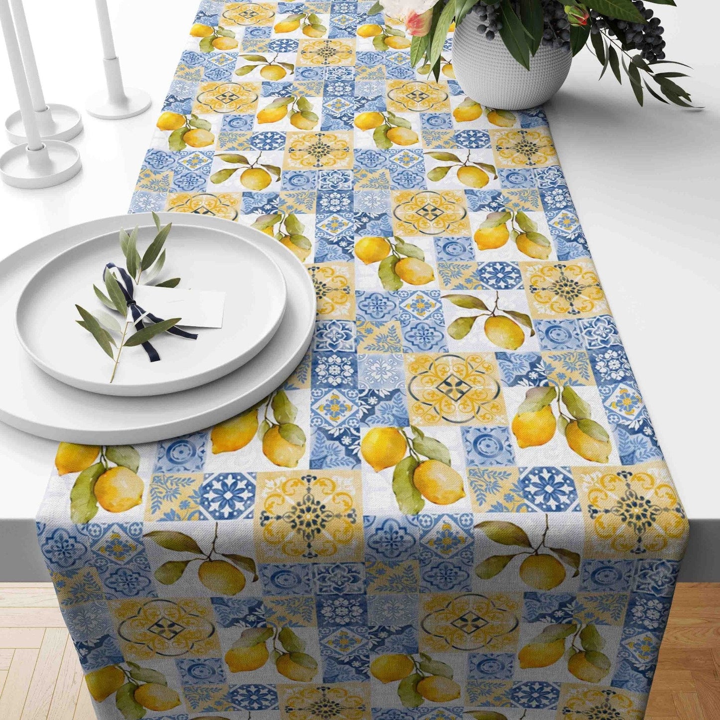 Lemons on Tile Table Runner Blue & Yellow Kitchen Runner