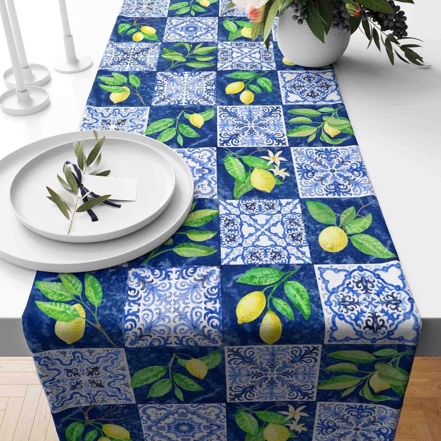 Lemons on Tile Table Runner Blue & Yellow Kitchen Runner