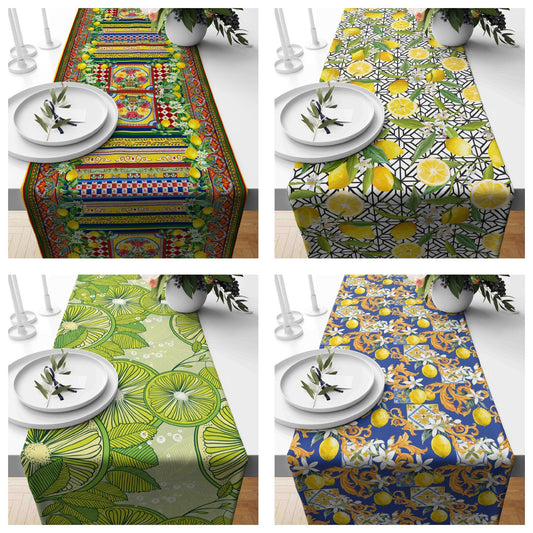 Lemon Citrus Yellow Blue Floral Kitchen Table Runner