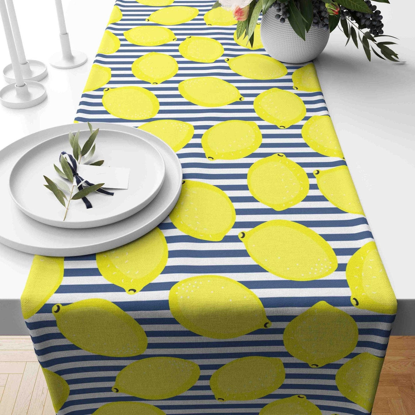 Lemon Design Table Runner Yellow & Black Tablecloth Kitchen